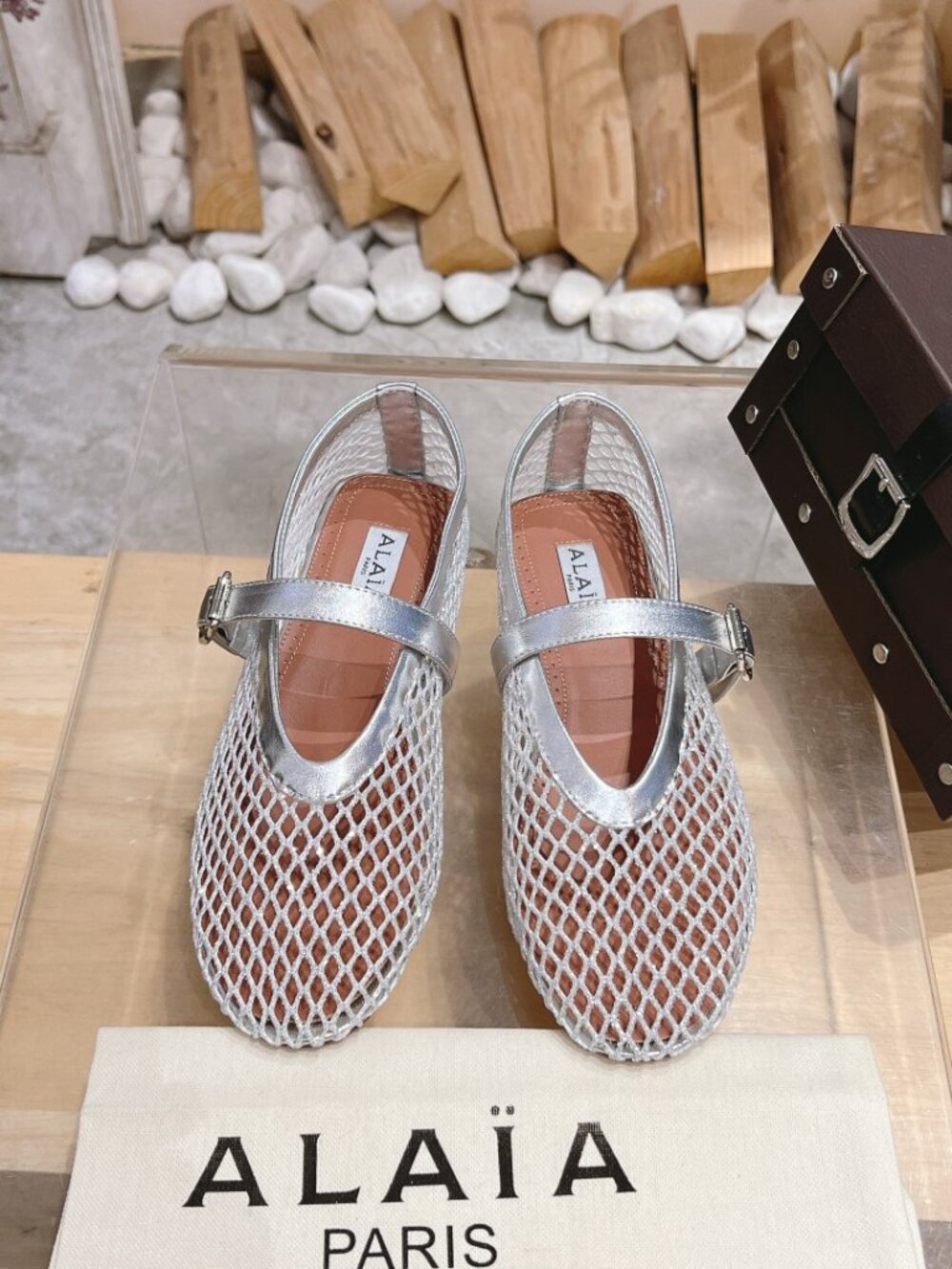Alaïa Silver Metallic Fishnet Mesh Mary Jane Flat Shoes